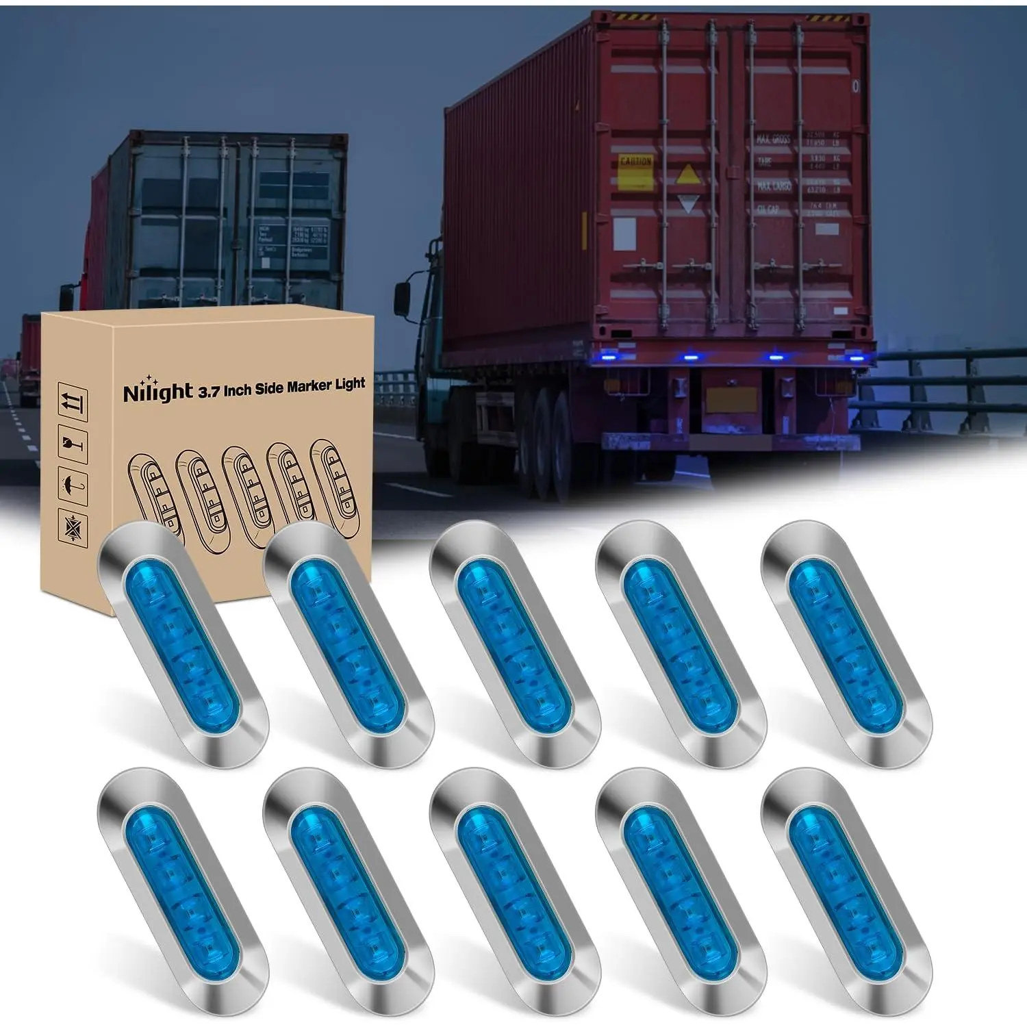 Nilight 10PCS Blue Oval Side Marker Lights, 4 LED 3.7in IP68 Waterproof DC 12-24V Chrome Bezel ABS Lamps with Marine 24 AWG Wiring, Connect Wires & Drill 3 Holes for Car Truck Trailer