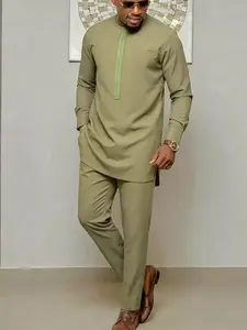 Men's Kaftan 2-Piece Set, Long Sleeve Ethnic Pattern Blouse, Elegant Drop Waist Design, Formal Evening Wear, Muslim Clothing