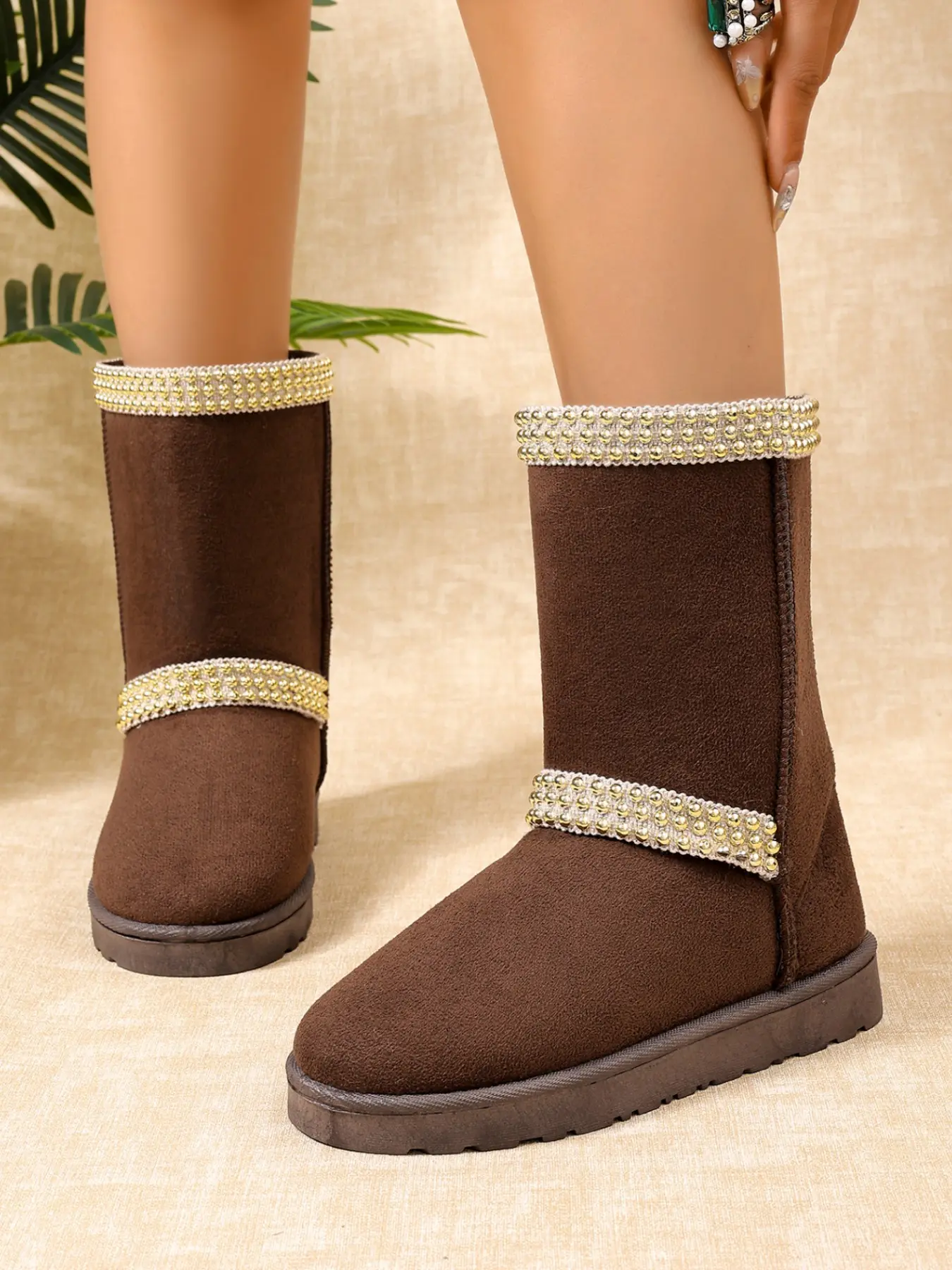 Winter Mid-Calf Leopard Print Snow Boots, Slip-On Design, Rhinestone Trim, Flat Anti-Slip Sole, Durable, Perfect for Winter