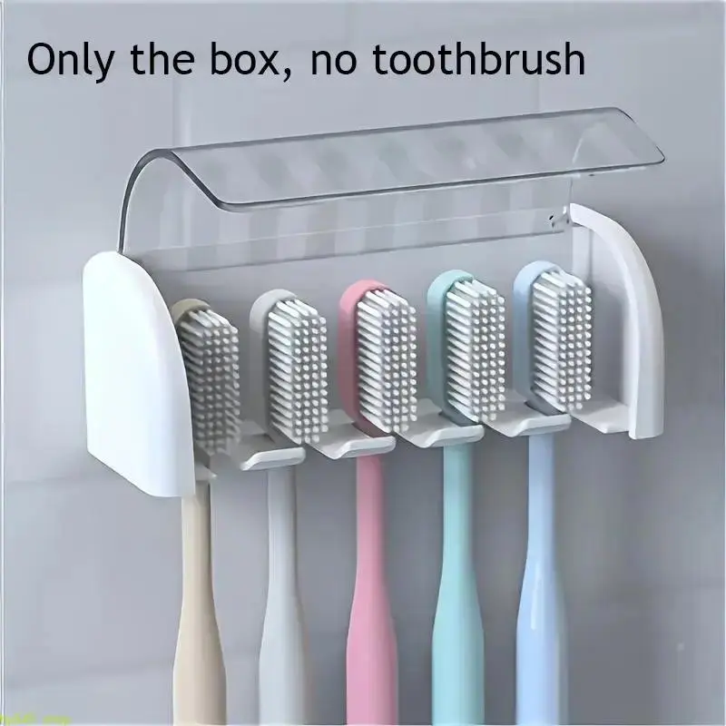 1 Count Wall Mount Self Adhesive Toothbrush Storage Rack With Lid, 5 Slots Dustproof Covered Toothbrush Holder Organizer, Space Saving Bathroom Supply, Waterproof Dustproof Toothbrush Rack Perfect For Shower Room, Dormitory And Household Bathroom Storage
