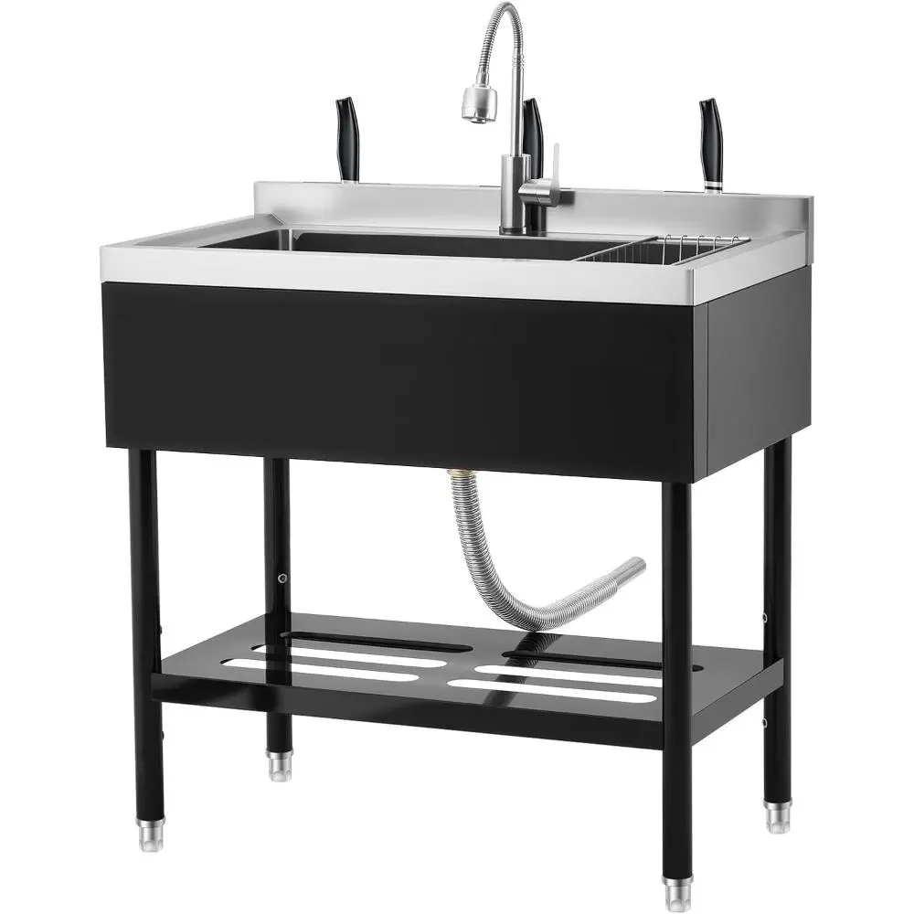 Gaomon 36 x 20 x 35.5inch Free Standing Stainless-Steel Single Bowl Commercial Restaurant Kitchen Sink Set Adjustable Height Laundry Tub with Hot & Cold Water, Basket, Shelf & Drain Kit