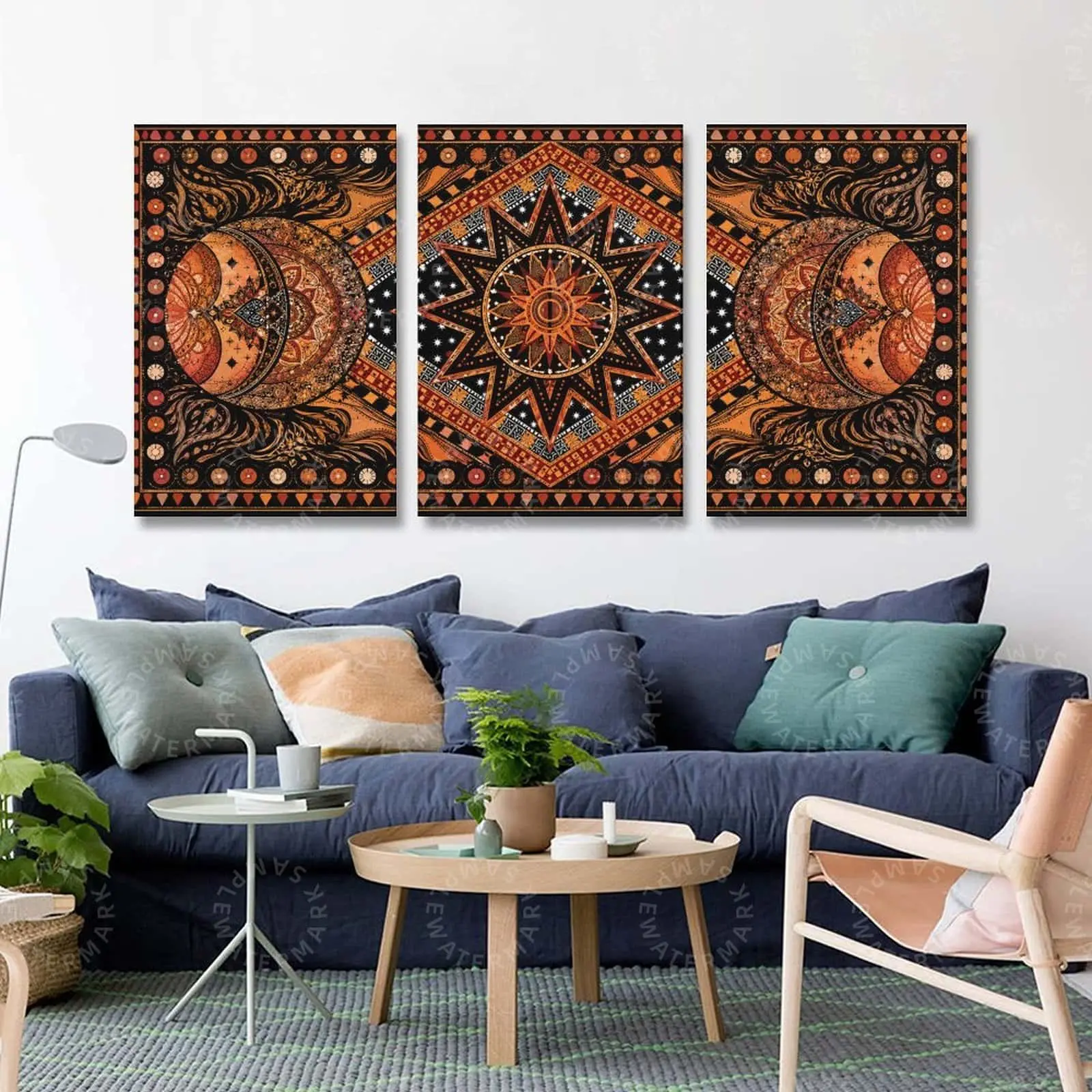 Boho Sun and Moon 3 Panel Canvas Poster Aesthetic Wall Art, Vintage Mandala Celestial Print, Modern Living Room Bedroom Decor, Teen Room Office Bohemian Wall Decor Gift, Spiritual Astrology Home Wall Hanging