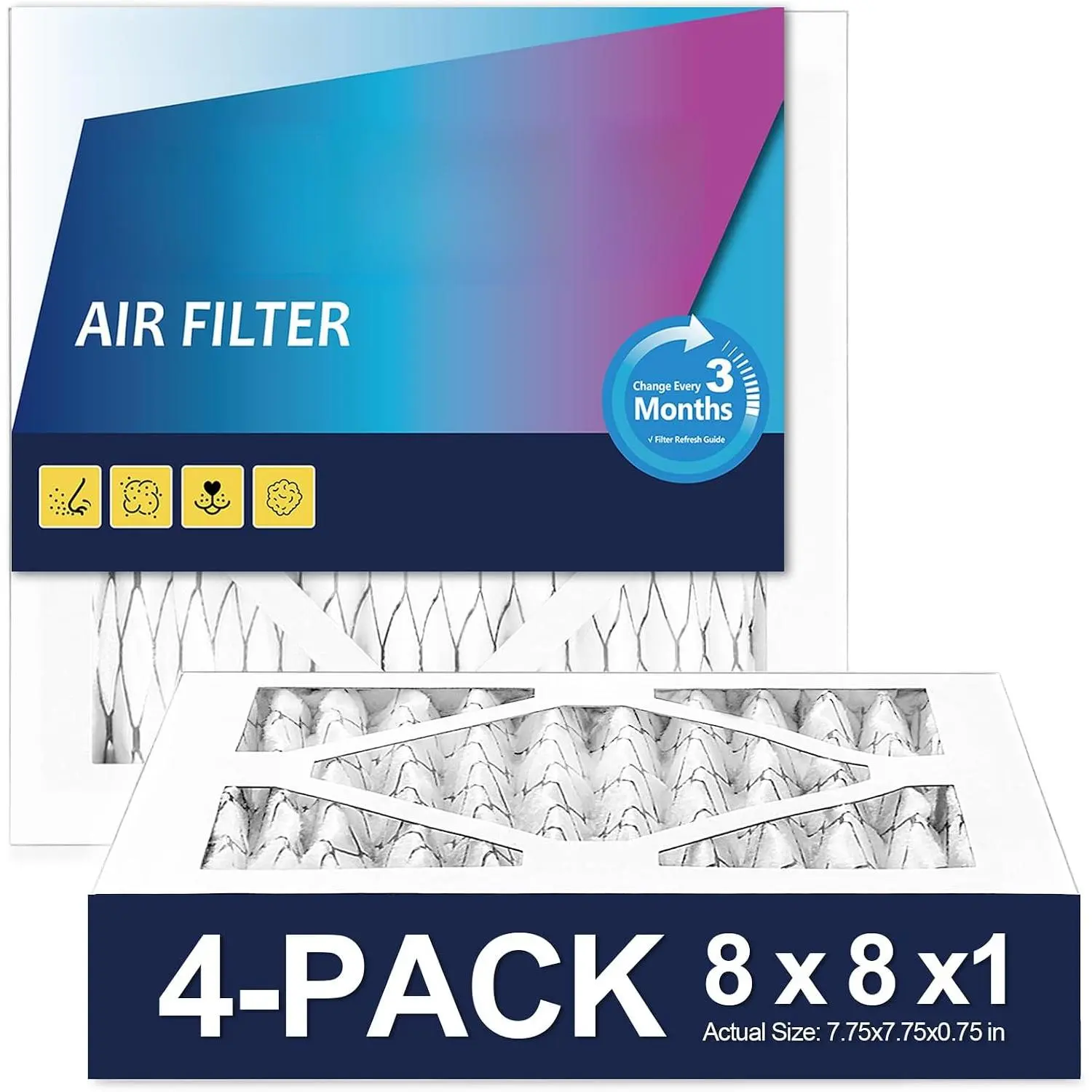 8*8*1 Furnace Air Filters - HVAC/Furnace AC Filter Replacement (Actual Size 7.75x7.75x0.75) - Pleated Dust Defense Air Conditioner Filters for Home Office (4 Pack)