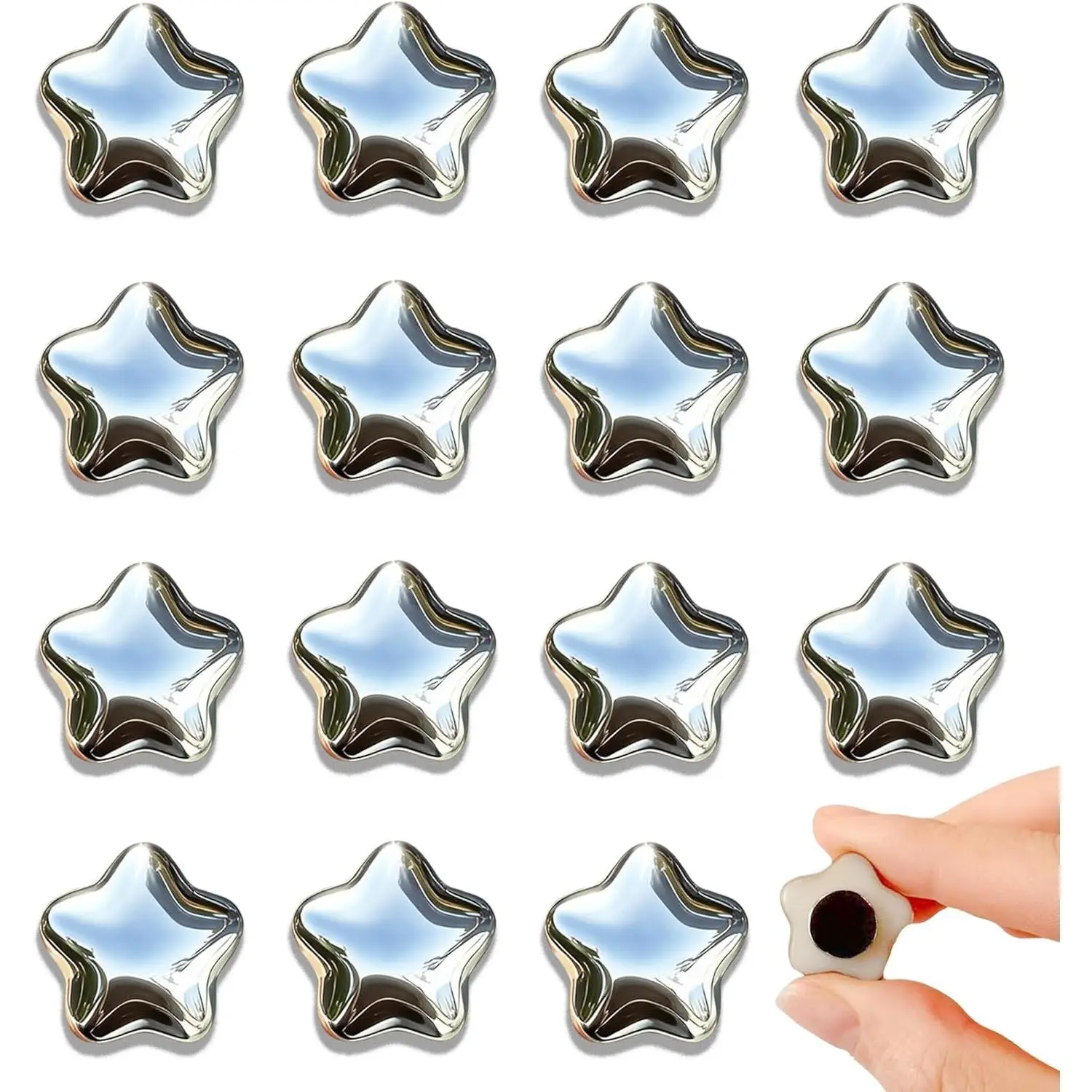 15PCS Compact Set Magnetic Cute Star Shape Decorative Magnets - 0.73in Metallic Silver Fridge Magnets for Home Decor, Whiteboard Locker Kitchen Accessory Gift