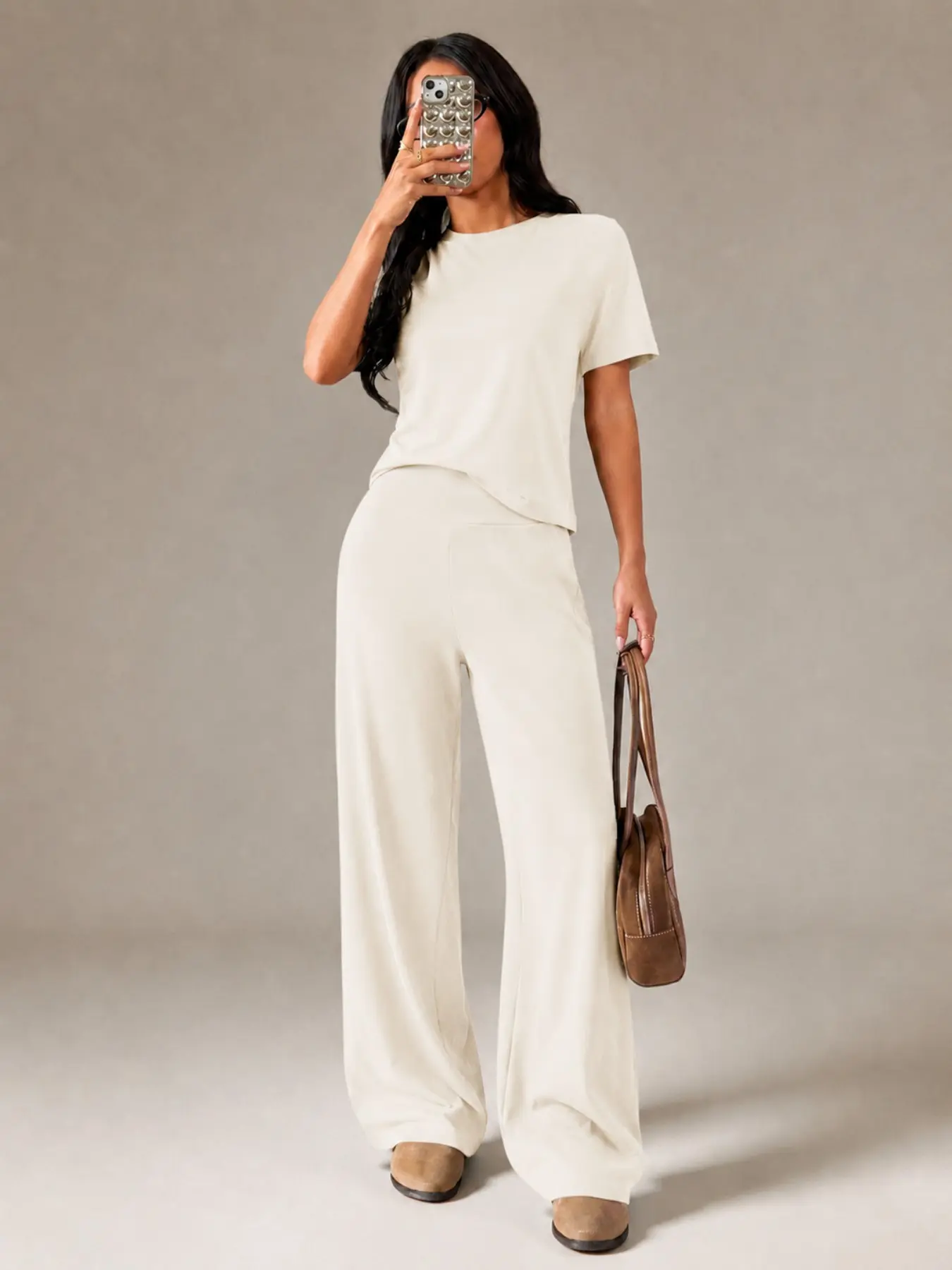 Women's High-Waisted Yoga Set, Short Sleeve Wide Leg Pants Two-Piece, Comfortable Casual Sportswear, Athleisure Activewear Clothing, Athleisure Outfits for Daily Wear