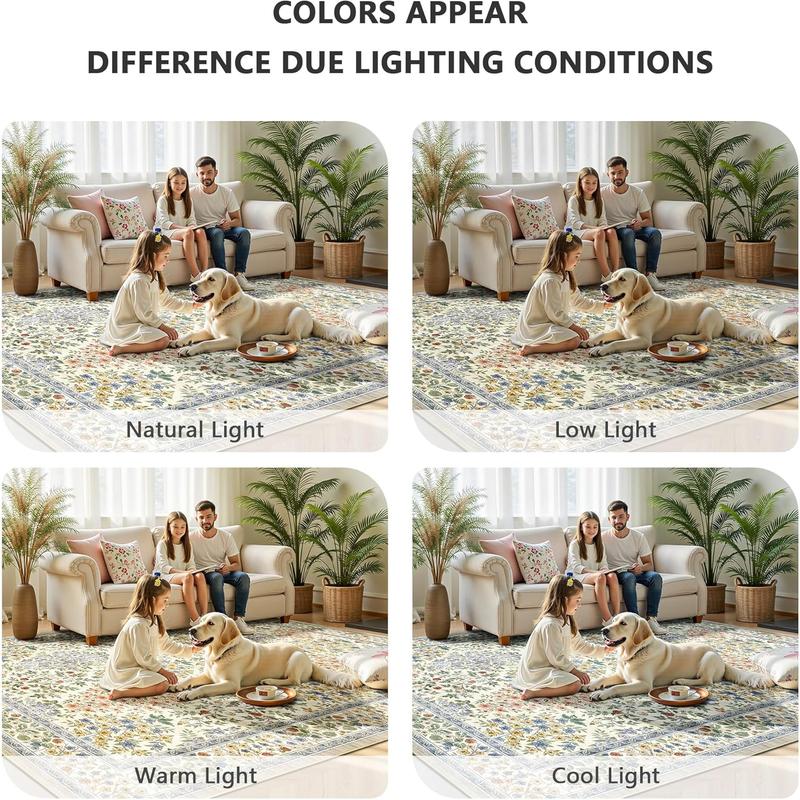 8x10 Area Rugs, Machine Washable Low Pile Floral Faux Cashmere Rugs for Living Room, Bedroom, Large Boho Area Faux Cashmere Rug with Non-Slip Backing for Dining Room(Beige Floral)