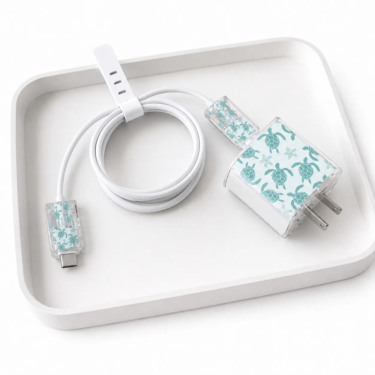 Ocean Pattern Cable Protector - Sea Turtle Starfish Jellyfish Decor with Clear Charging Block Cover for Daily Phone Cord Use