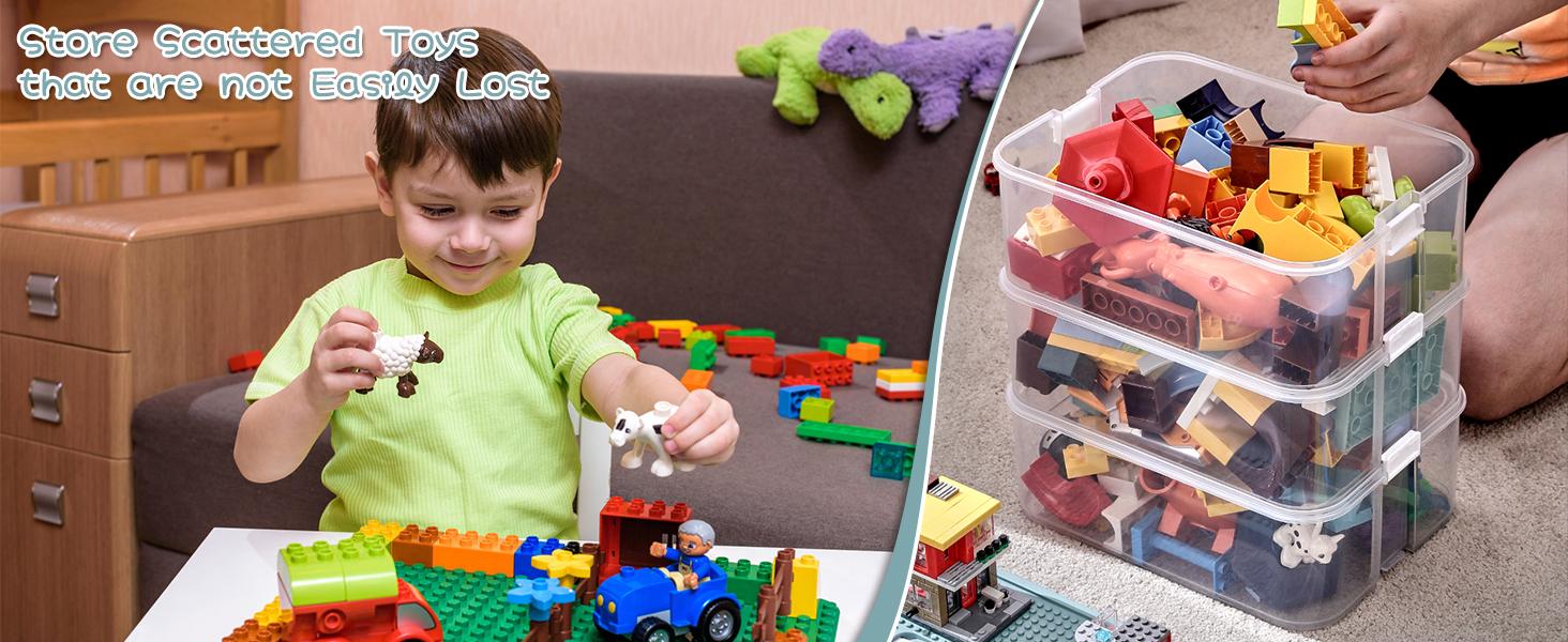 Toys Organizer Storage Case for Lego Box Kids Toy Stackable Building Blocks with Lids Bins Adjustable Lego Storage Containers Plastic Toy Box 1 Layer (Lemon)