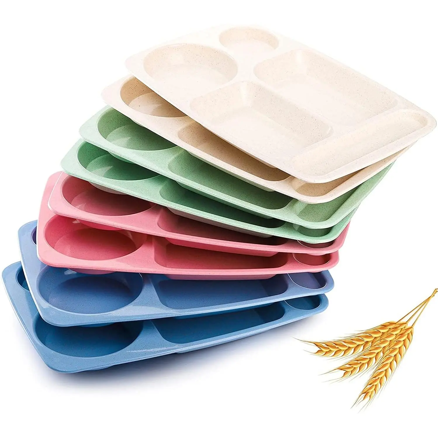 8 Pack Divided  Plates, 13.5" Wheat Straw Tray, 5-Compartment Unbreakable   Tray, Microwave Dishwasher Safe, , Lightweight