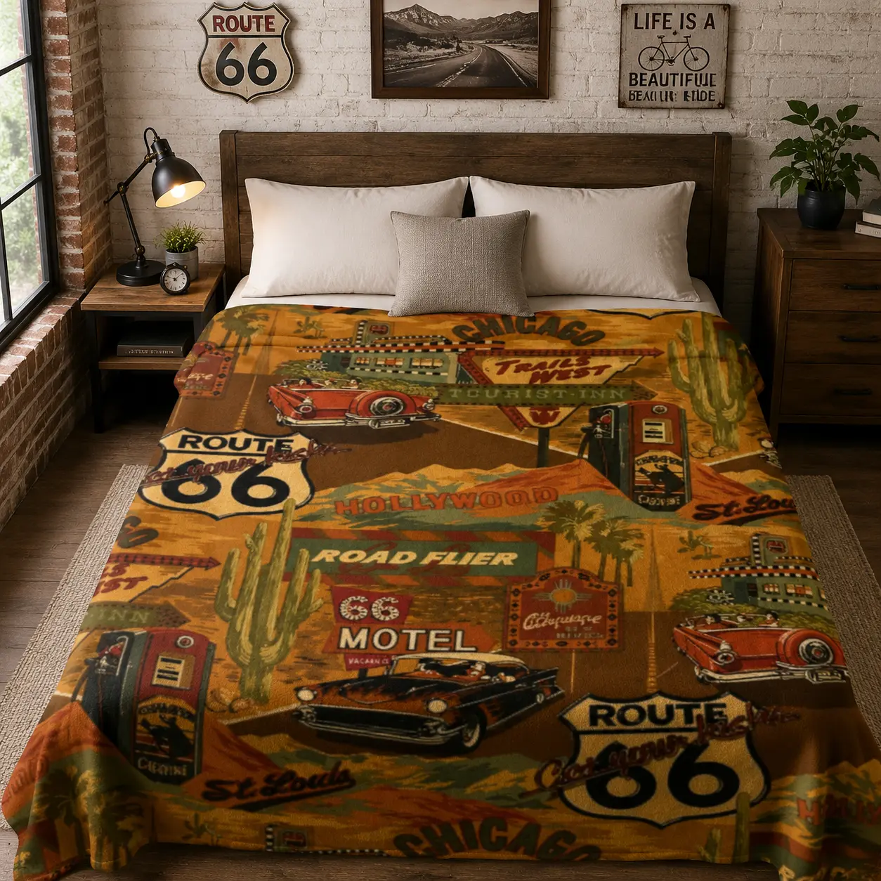 Vintage Route 66 Road Trip Collage Flannel Throw Blanket, Retro Classic Car Desert Cactus Motel Print Soft Warm All Season Blanket for Sofa Bed Man Cave, Western Travel Fan Gift for Birthday Christmas Father’s Day Halloween Game Day