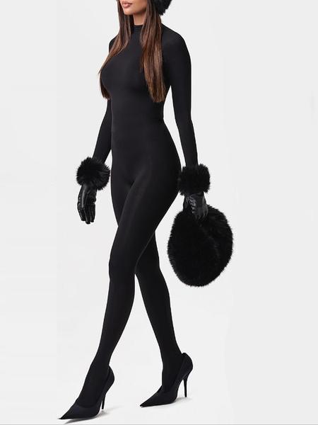 Women's Cute Plush Patchwork Bodysuit, High Neck Warm Skin-Friendly Tight Fit Jumpsuit, Casual Winter Wear, Long Sleeve One-Piece