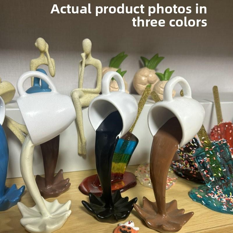 Floating Spilling Coffee Cup Sculpture, 3D Pouring Coffee Mug Resin Figurine, Kitchen Countertop Decor