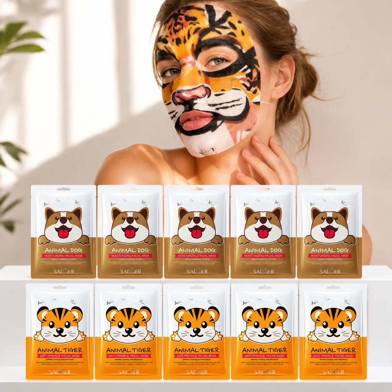 SADOER Animal Dog & Tiger Sheet Mask Set 25g x 10 Sheets, 2-Variant Hydrating Face Mask Bundle with Sodium Hyaluronate, Glycerin and Allantoin, Moisturizing Soothing Daily Facial Care, 5 Sheets Each, Individually Sealed
