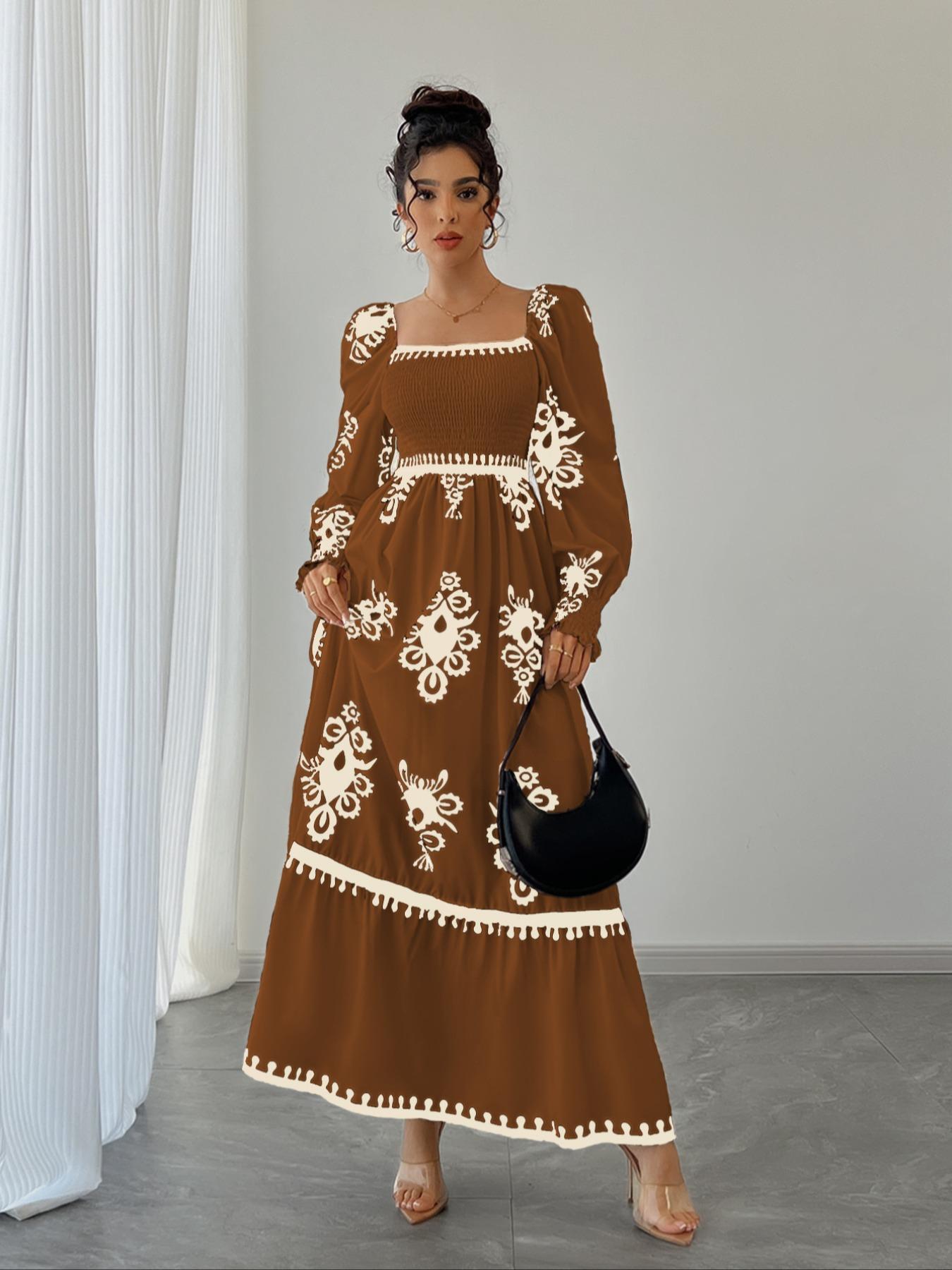 Women's Vintage Boho Floral Print Lantern Long Sleeve High Waist Dress, Square Neck Shirred Design, Valentine's Day Party Elegant