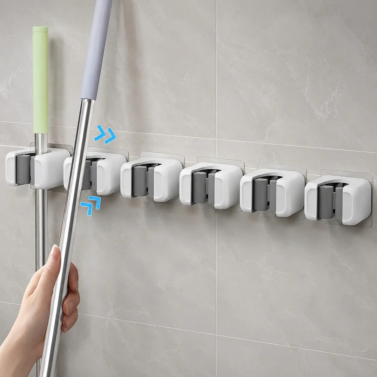 6 sets with back stickers, no punching mop clip, wall mounted broom, broom storage hook, bathroom kitchen, strong wall mounted cleaning tool storage rack