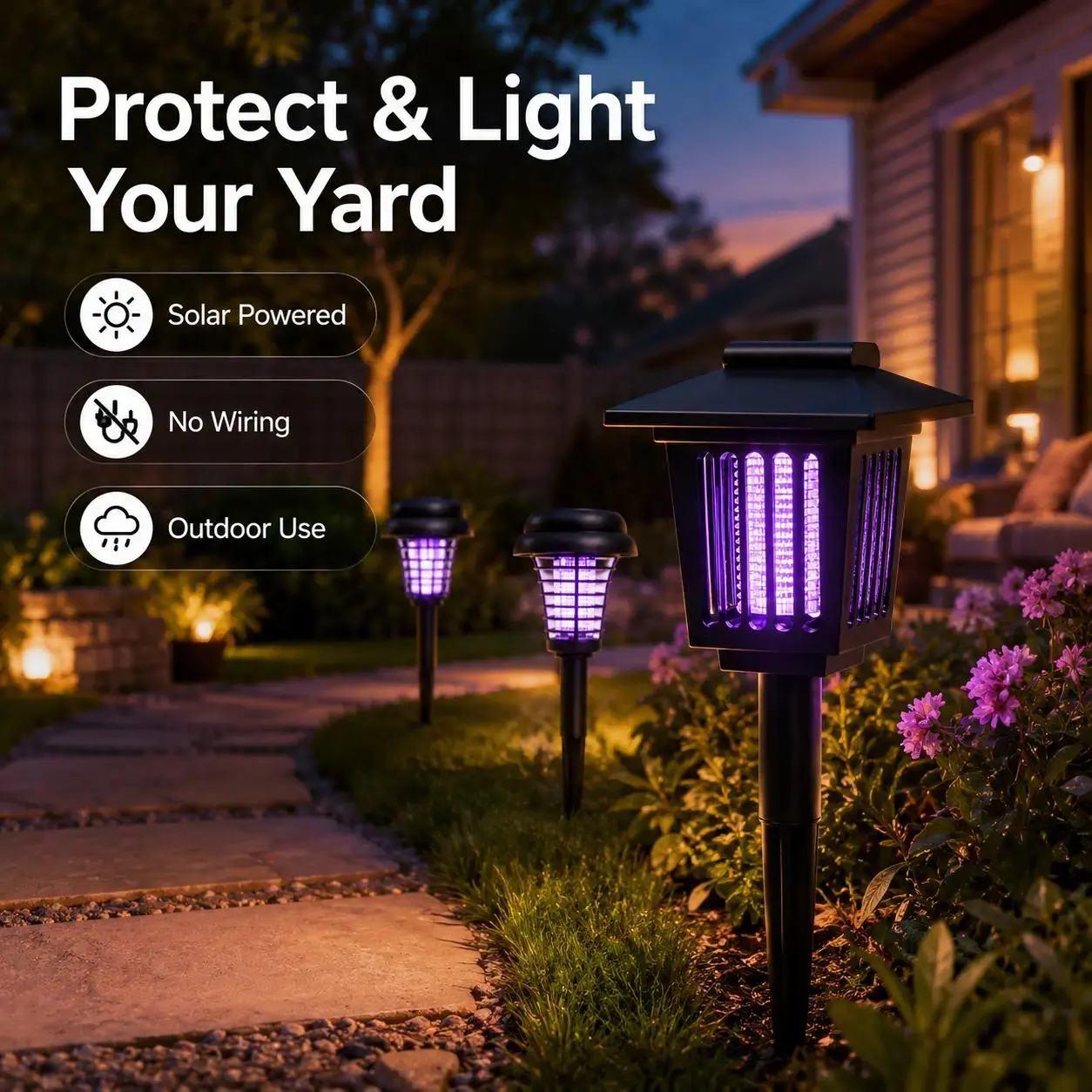 Solar Mosquito Zapper Light – Outdoor Garden Stake Lamp, UV Insect Killer, Solar Powered, Dual Mode (Mosquito Control + Pathway Lighting), Weather Resistant, Easy Setup, Small & Large Round + Square Options