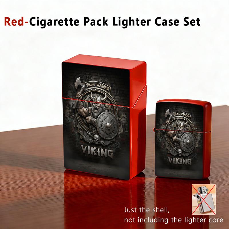 Viking Warrior Plastic Cigarette Case + Metal Lighter Shell Set, Norse Axe Shield Skull Design, Dark Aesthetic Smoke Accessory, Gift for Men