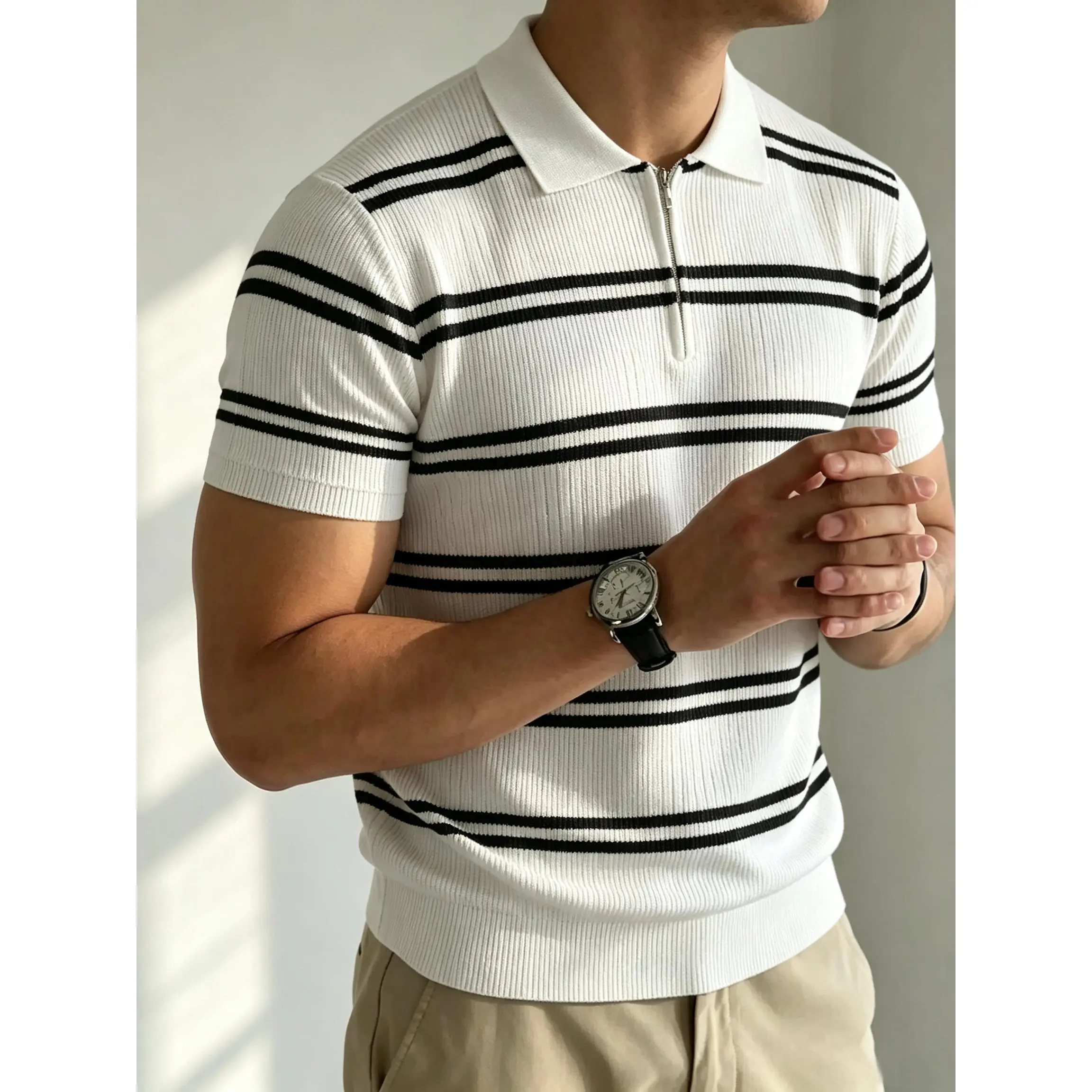 Horizontal stripe rib knit short sleeve polo shirt with half zip lapel collar, slim stretch breathable knit fabric neat ribbed cuffs and hem classic striped silhouette casual refined top staple for modern minimalist mensfashion styling