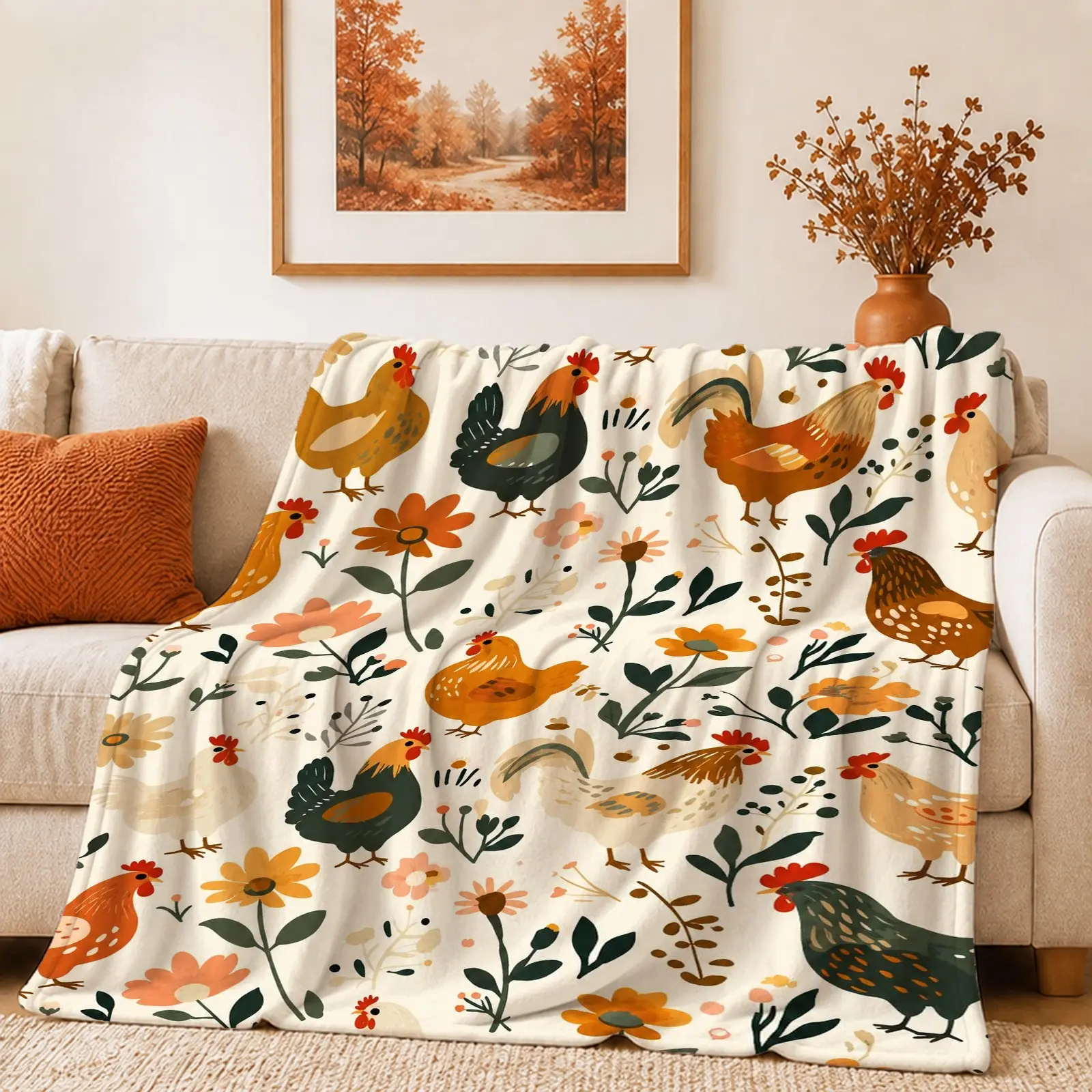 1pc Farm Chicken Floral Throw Blanket, Cute Country Farmhouse Style with Colorful Hens Flowers and Botanical Print, for Farm Lovers Sofa Bed Living Room Bedroom Decor