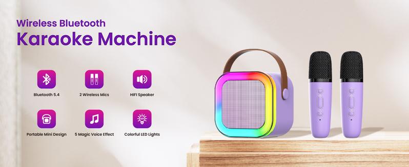 Mini Karaoke Machine for Kids & Adults Portable Bluetooth 5.0 Speaker with 2 Wireless Microphones 5 Sound Effects & Colorful Lights