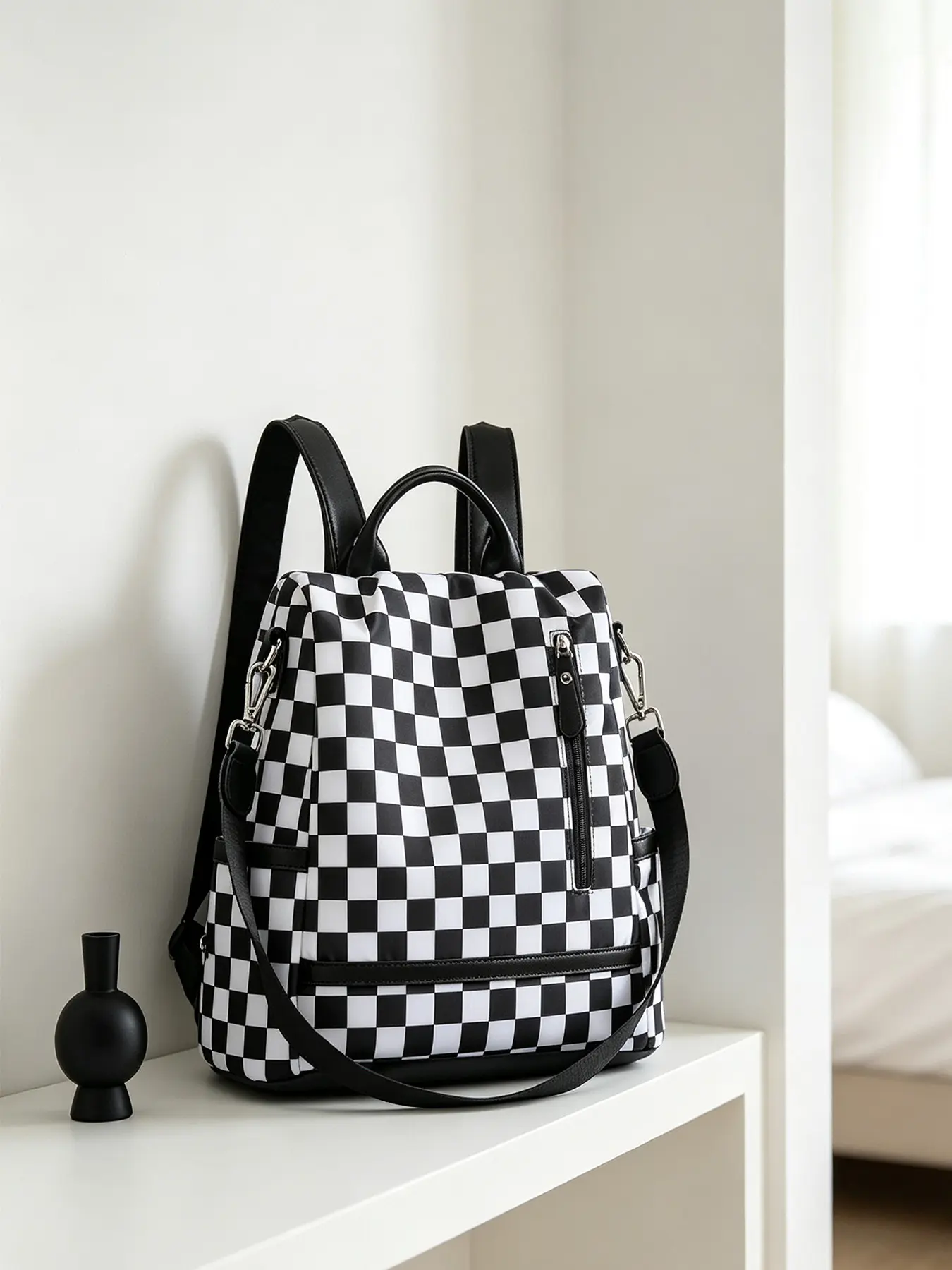 1 Pack Black White Checkerboard Convertible Backpack for Women, Multiway Shoulder Travel Bag, Casual Daypack for Daily Commute, Shopping and Short Trips, Checkered Backpack