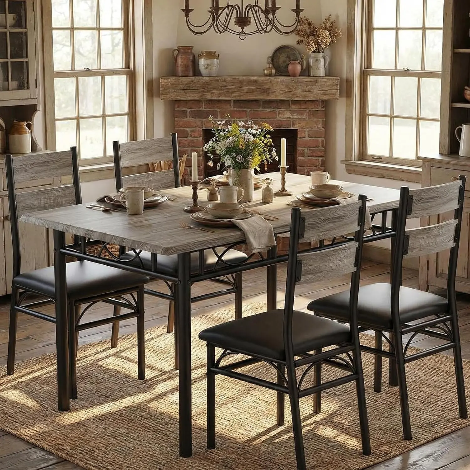 5-Piece Industrial Dining Table Set with 4 Upholstered High-Back Chairs, Retro Gray Wooden Rectangular Kitchen Table with Sturdy Metal Frame, Ideal for Small Spaces, Apartments, Four Chairs