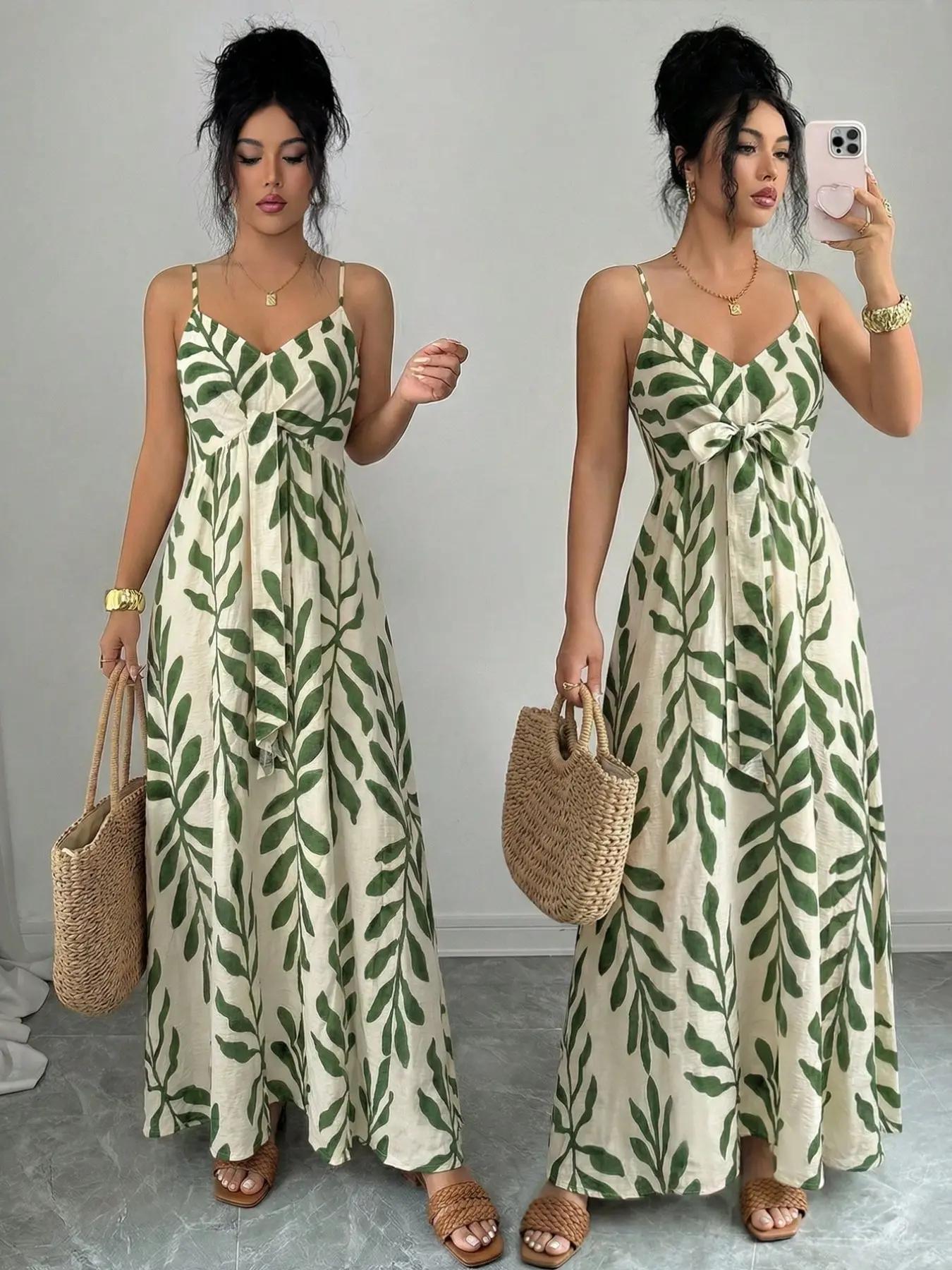 Women's Bohemian Long Floral Dress, Adjustable Straps V-Neck, Chest Tie Design, Fashion Summer Wear, Casual Beach Vacation