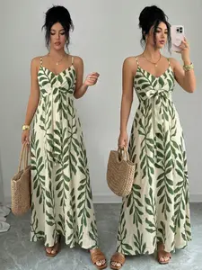 Women's Bohemian Long Floral Dress, Adjustable Straps V-Neck, Chest Tie Design, Fashion Summer Wear, Casual Beach Vacation