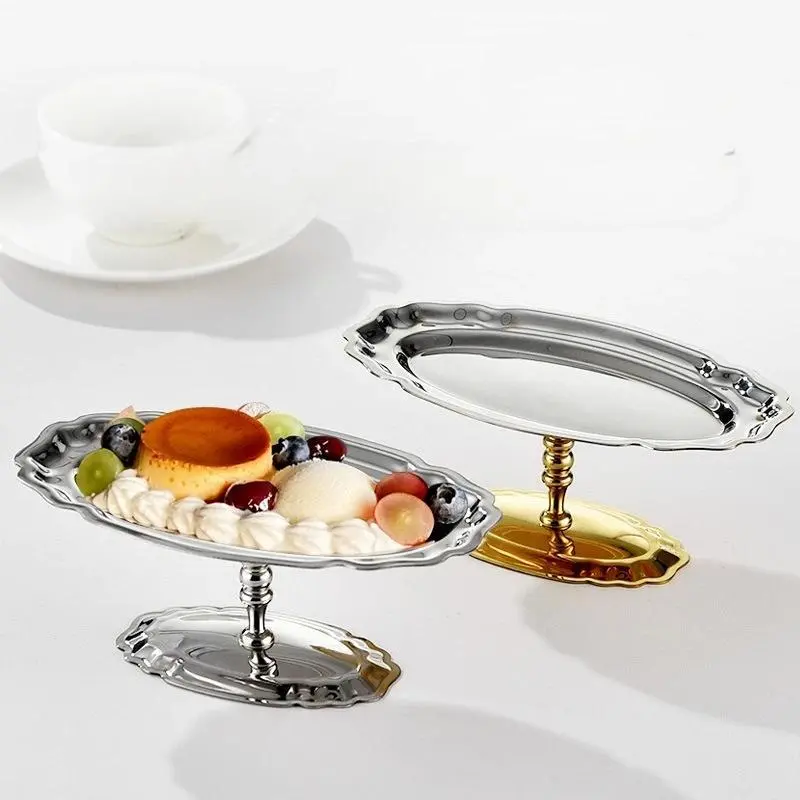 Footed Dessert Serving Tray 304 Stainless Steel Food Display Serving Plate for Ice Cream Salad Fruit for Home Hotel Restaurant