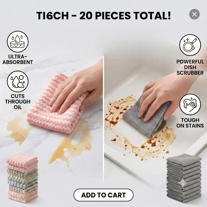 20-Piece Home Cleaning Cloths Set (Buy 10 Get 10 Free) - Scratch-Free Steel Wire Options, Absorbent Coral Fleece Microfiber Kitchen Household Essentials