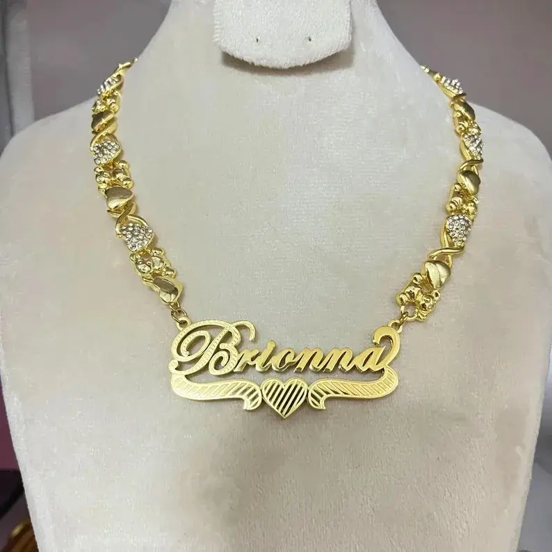Personalized Double-Layer Necklace with Custom Letter Shape Name, Classic Brass Pendant on a Heart-Shaped Chain, Anniversary Gift Costume Jewelry gf for, Brass Metal, Unisex Wear