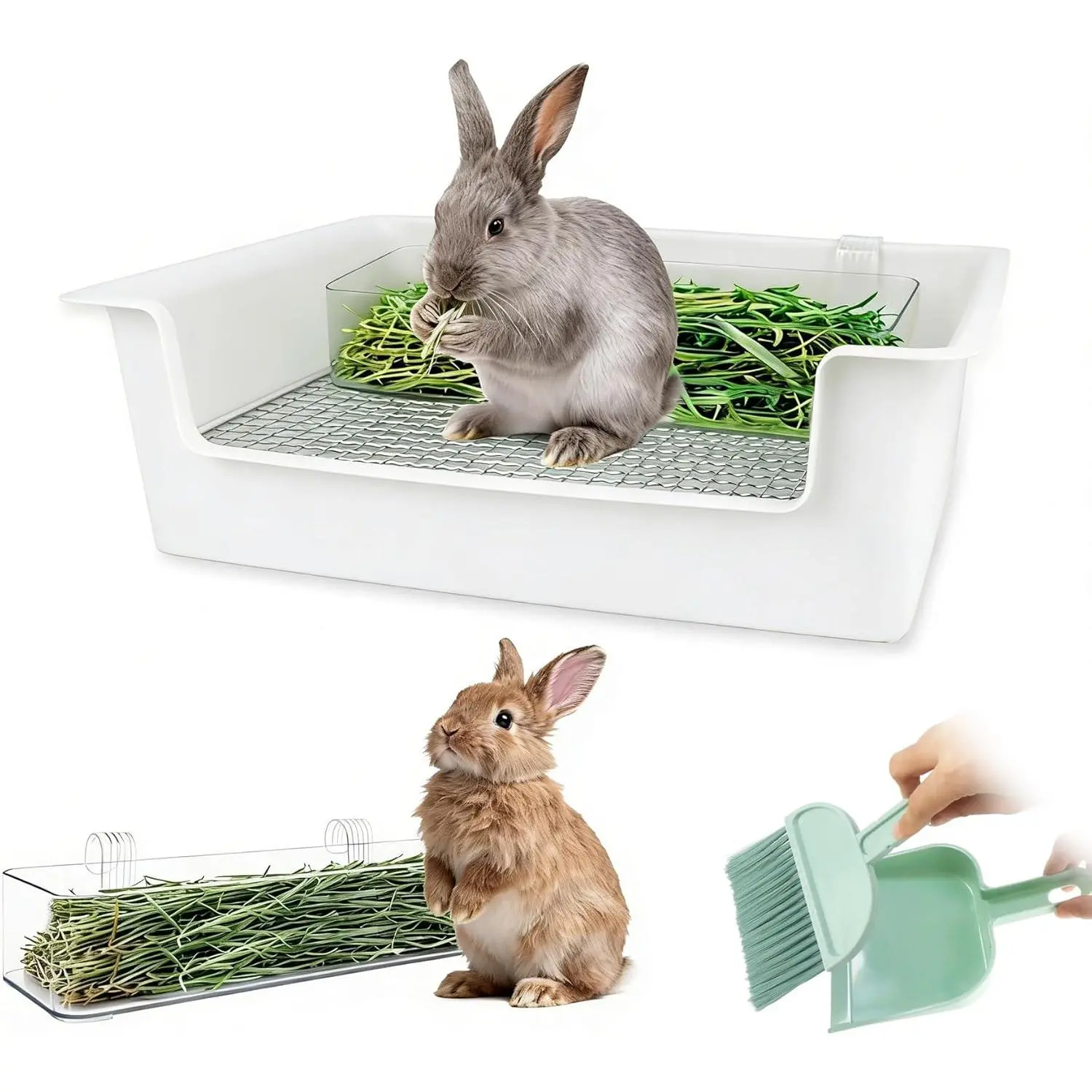 Stainless Steel Gird  Litter Box, Low Entry Bunny Litter Pan with Hay Feeder & Broom, Corner Potty Tray for Small  Rabbits Guinea Pigs Ferrets, 15.4x11.2x4.8 inch (White)