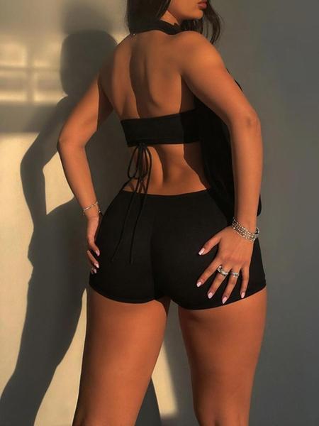 Women's Solid Backless Halter Neck Romper & Crop Bra, Fashion Casual Romper & Top Set for Daily Outdoor Wear, Women Clothes for Summer, Womenswear