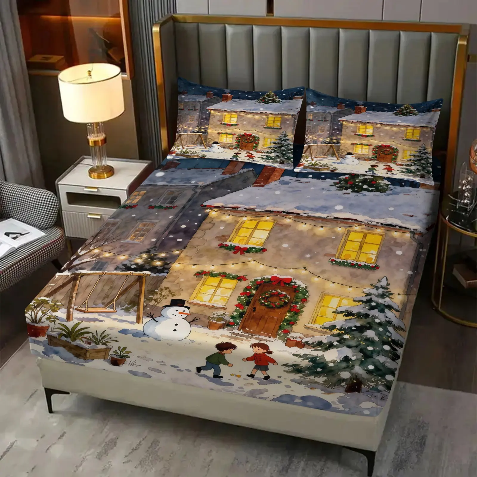 Christmas Themed Fitted Sheet with Snowy Winter Vibe, Anti-slip, Dustproof & Soft Bedding for Bedroom & Dorm, Ideal Housewarming Gift. Includes 1 Fitted Sheet and 2 Pillowcases, Pillow Inserts NOT INCLUDED