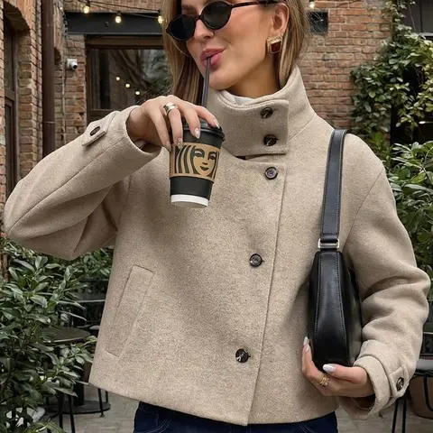 Women's Tweed Cropped Jacket, Button Outerwear for Autumn & Winter, High Neck Long Sleeve Short Jacket for Office, Business and Commute