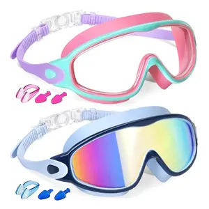 Kids Anti-Fog Swimming Goggles 2-Pack, Swimming Goggles Set, Wide-View Silicone Goggles with Earplugs for Boys & Girls, Comfortable Diving Glasses for Pool Training