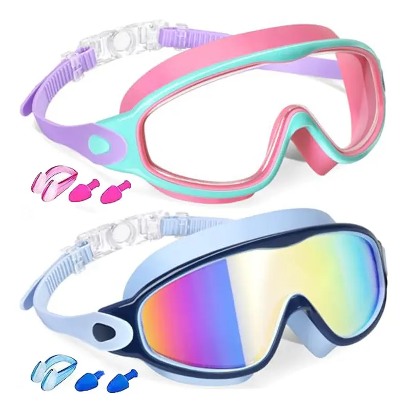 Kids Anti-Fog Swimming Goggles 2-Pack, Swimming Goggles Set, Wide-View Silicone Goggles with Earplugs for Boys & Girls, Comfortable Diving Glasses for Pool Training