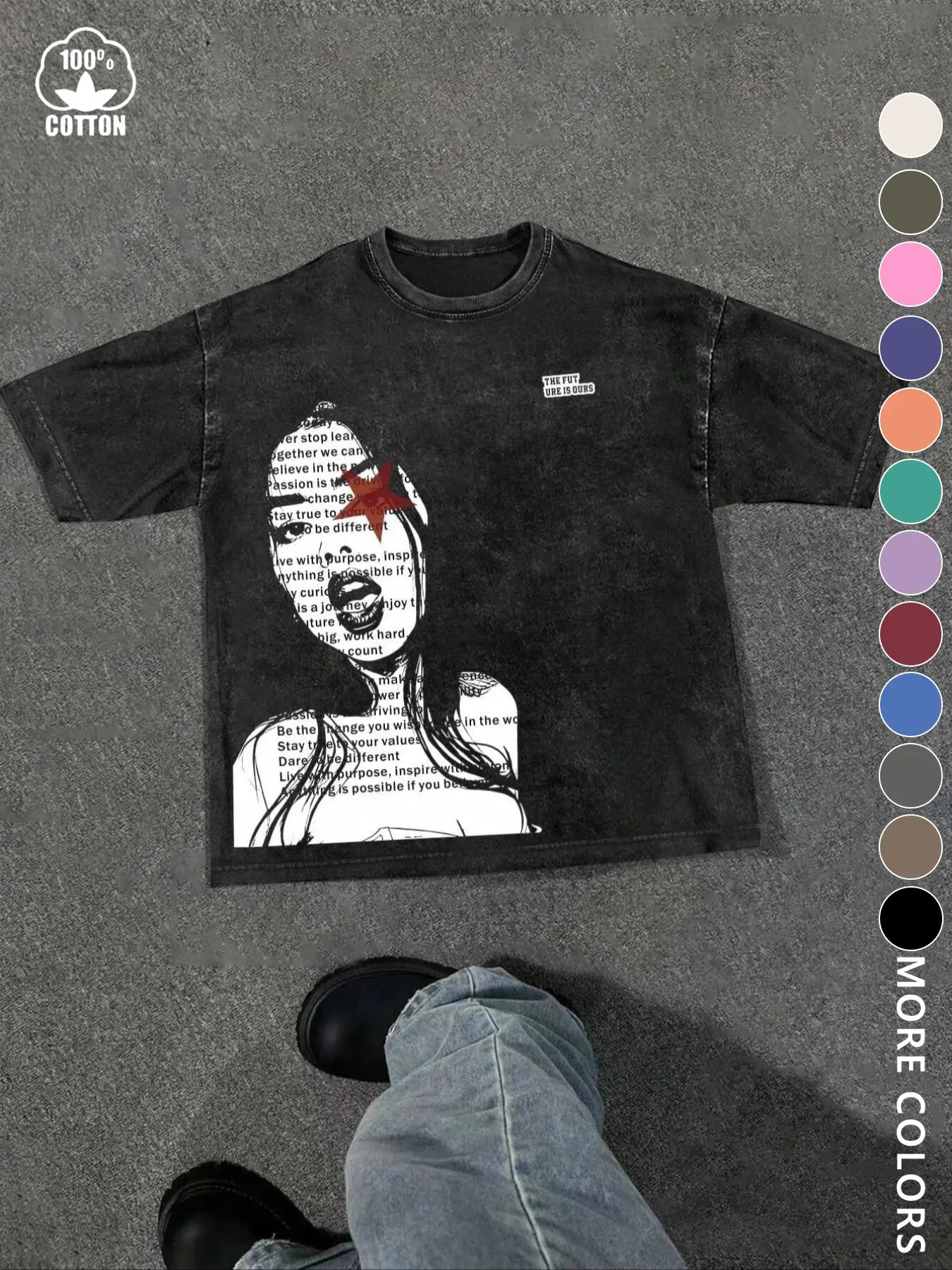 Unisex Street Style Figure Print Cotton Round Neck T-Shirt, Y2K Fashion Graphic Tee for Couples, Casual Daily Wear