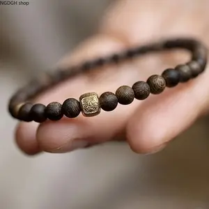 Beaded Buddha Bracelet - Dark Wood Beads Gold Charm Adjustable Religious Buddhism Jewelry, Natural Daily Accessory for Men, Ideal for Sports & Outdoor Meditation Use