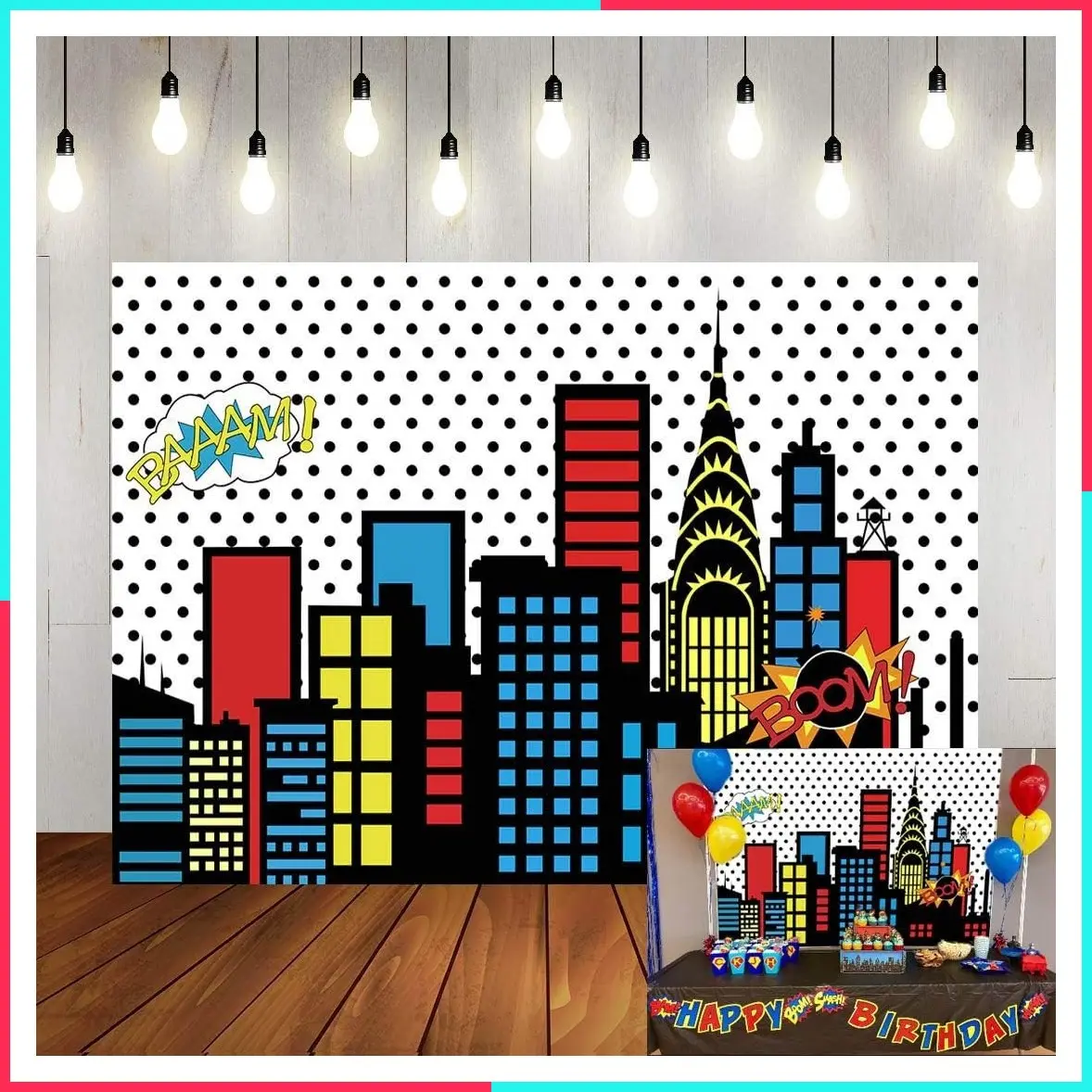 7x5ft Superhero Super City Photography Backdrops Skyline Buildings City Boom Photo Background Children Birthday Party Banner Photo Studio Booth Cake Table Decor Vinyl
