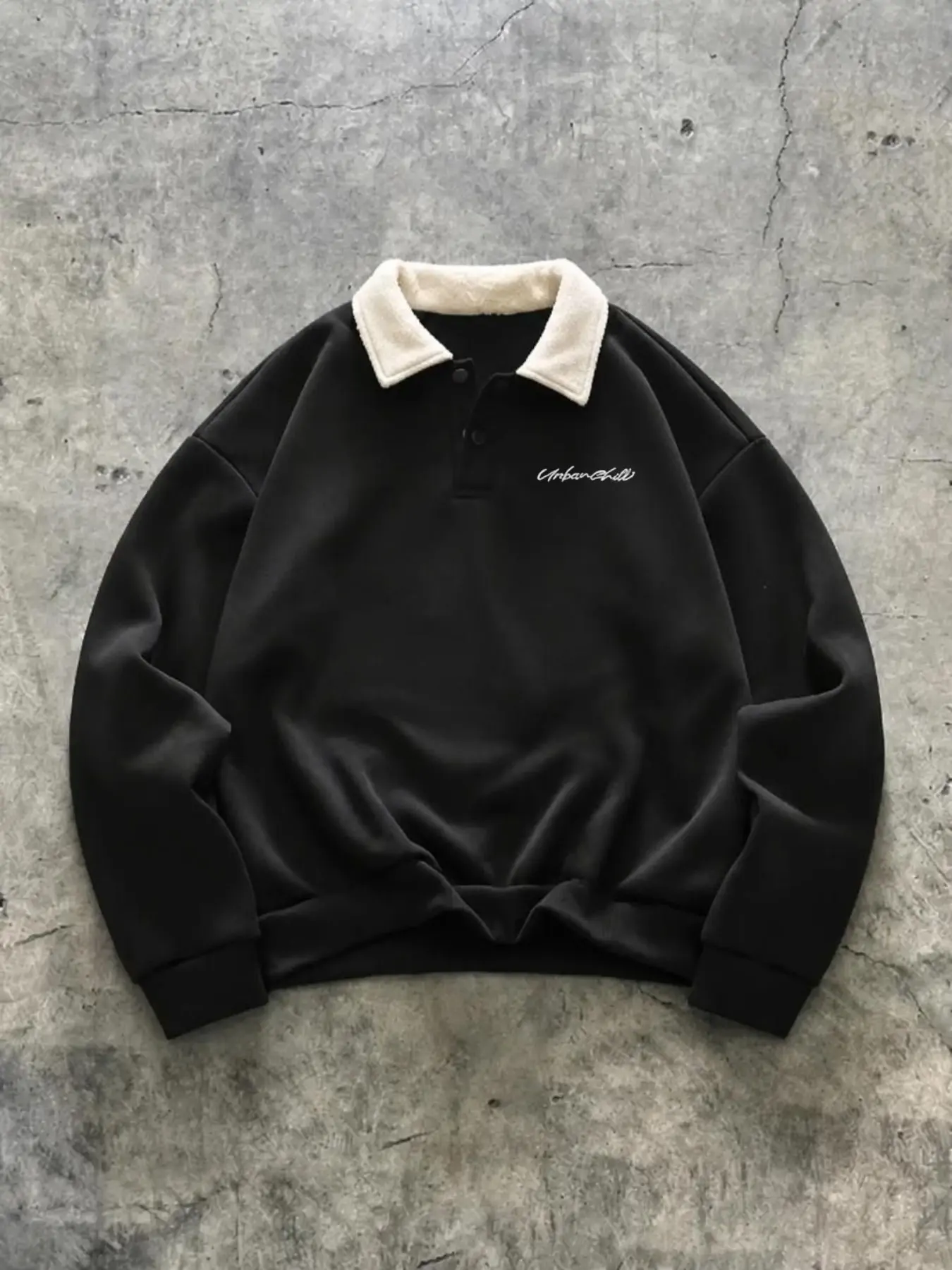 Fleece Contrast Fluffy Collar Polo Sweatshirt, Minimalist Cursive Script Embroidery Long Sleeve Pullover, Button Placket Color Block Lapel Sweatshirt, Casual Vintage Streetwear Loose Fit Top For Men Daily Autumn Trendy Outfit