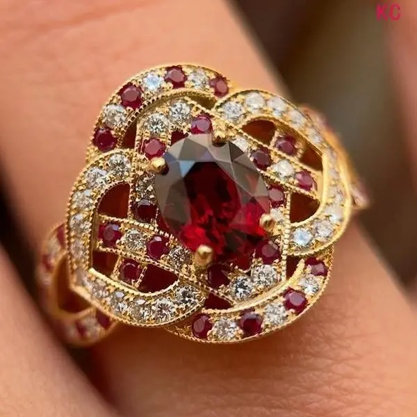 Gold Plated Ring Inlaid Ruby And Full Stones, Classic Luxurious Finger Jewelry For European American Women Wedding Occasions
