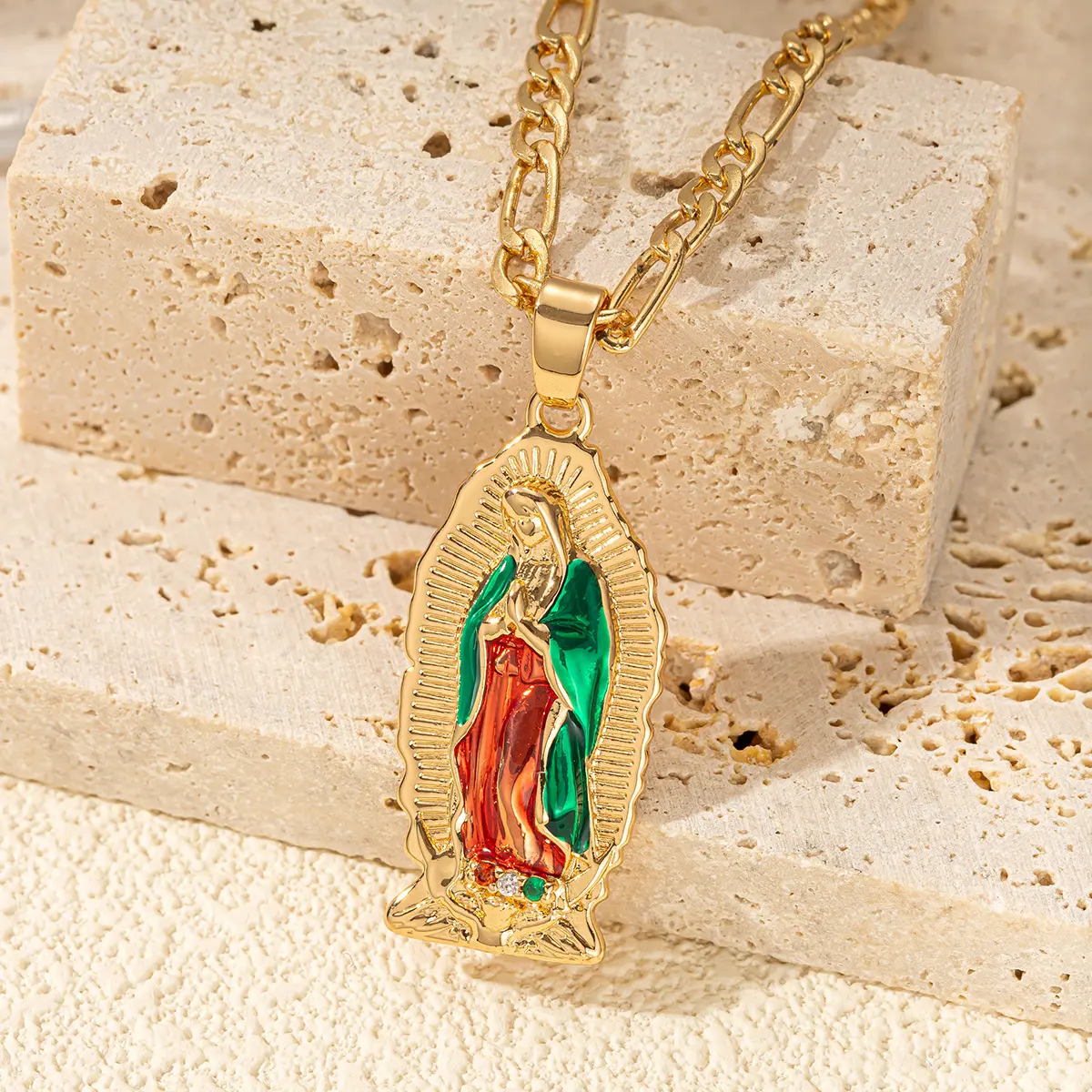 14K Gold Plated Virgen de Guadalupe Necklace for Women, Waterproof Tarnish Free Our Lady Pendant, Figaro Paperclip Chain, Faith Blessing Gifts
