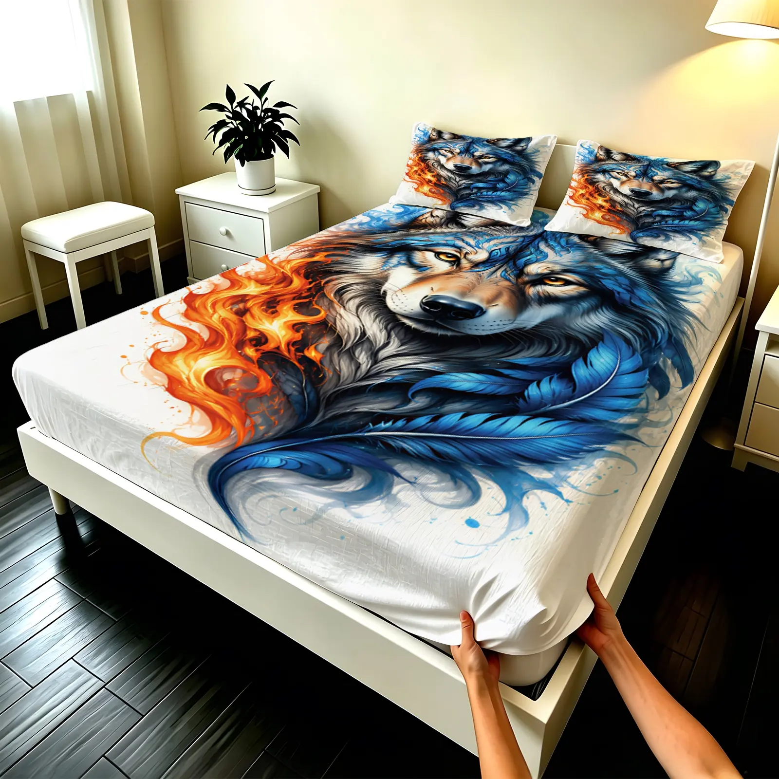3pcs Fitted sheet Wolf Fire and Ice Pattern Soft Microfiber Bedding Set Wrinkle Resistant Fade Proof Breathable Comfortable Machine Washable for Bedroom Dorm Hotel Home Twin Full Queen King Size Breathable Bedding Sets