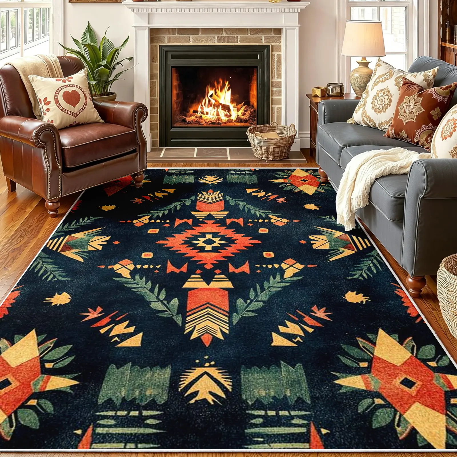 Dark Boho Area Rug, Midnight Navy Base with Orange & Green Feathered Arrow Motif and Star Accents, Non-Slip Washable Carpet, Soft Durable Floor Mat, Aesthetic Rugs for Living Room Bedroom Home Decor, 8 x 10 ft Area Rugs