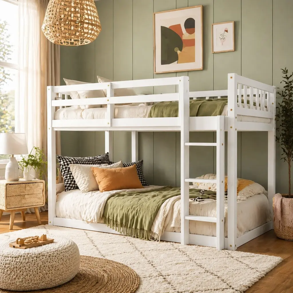 ARCH Twin Over Twin Low Floor Bunk Bed - 3-Step Ladder, Secure Solid Wood Kids’ Bed, 6 Inches Low Profile, 250 lbs Weight Capacity Per Bunk, White