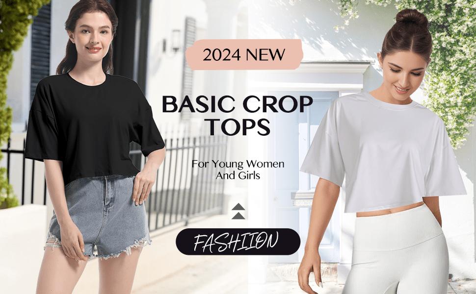 Women's basic cropped top, drop-shoulder T-shirt, short-sleeved, round neck, casual summer solid color cropped top