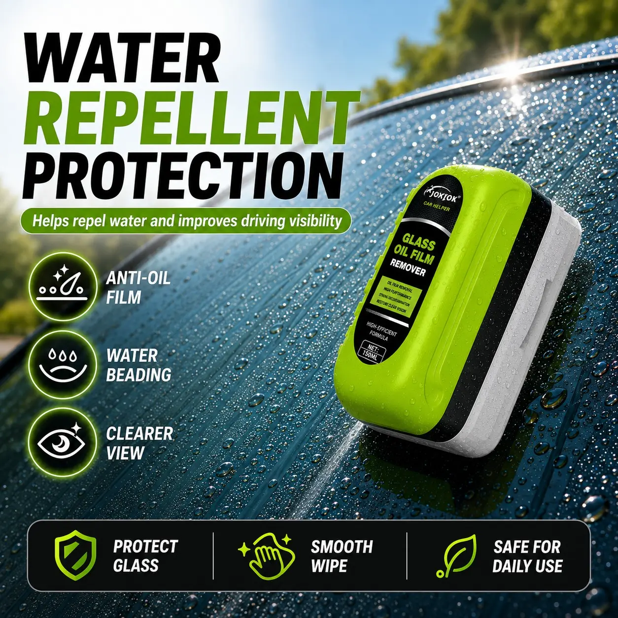 Car Oil Film Cleaner, Front Windshield Rain and Fog Remover, Clear Vision in Rainy Weather, Nighttime Headlight Reflection Eliminator, Coating Remover Accessory, Car Cleaning Agent