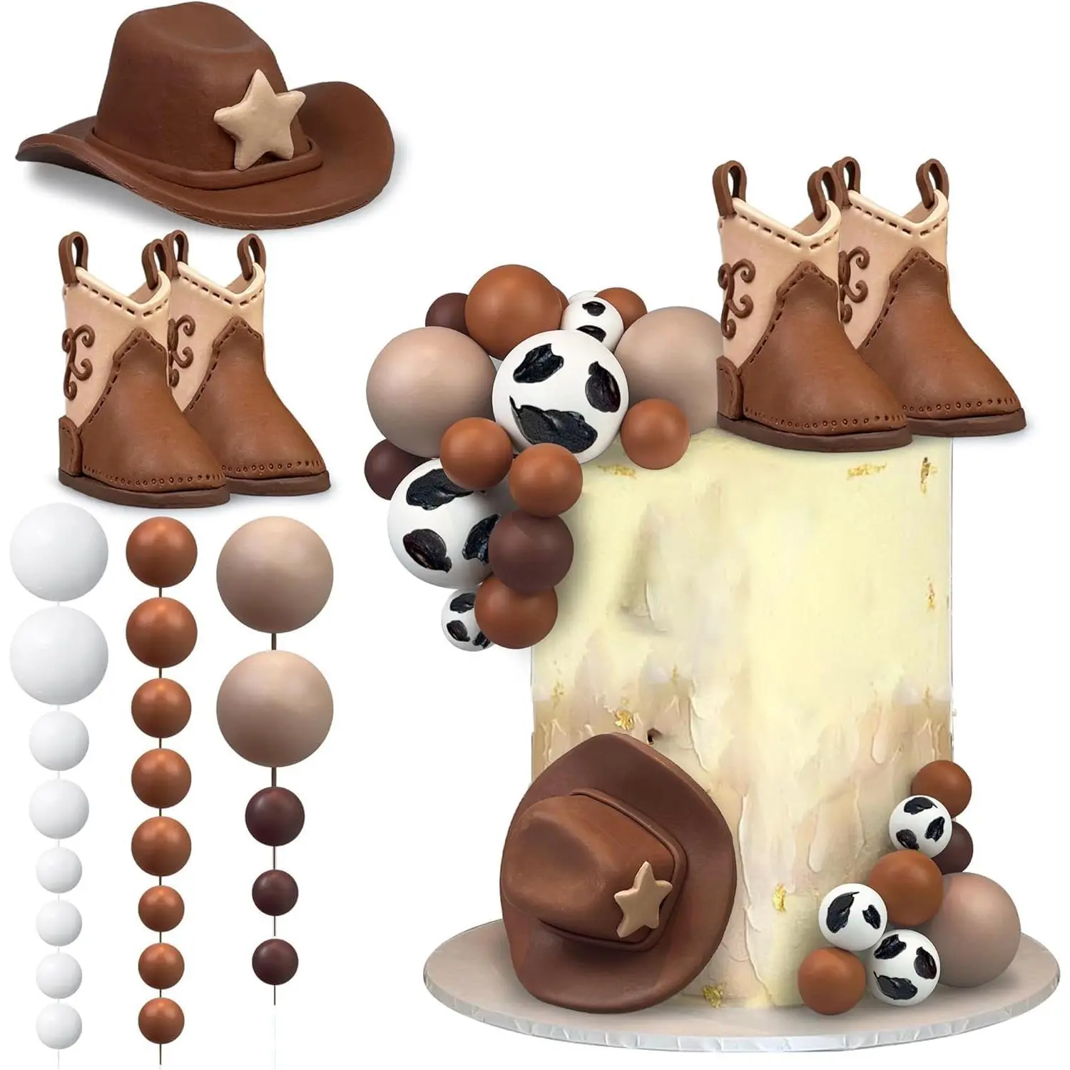 BoDoux 28PCS Cowboy Hat and Boot Cake Toppers Western Theme Decorations| Cowboy Birthday Cake Topper Different Ball Sizes for Birthday Western Theme Party Favors Supplies
