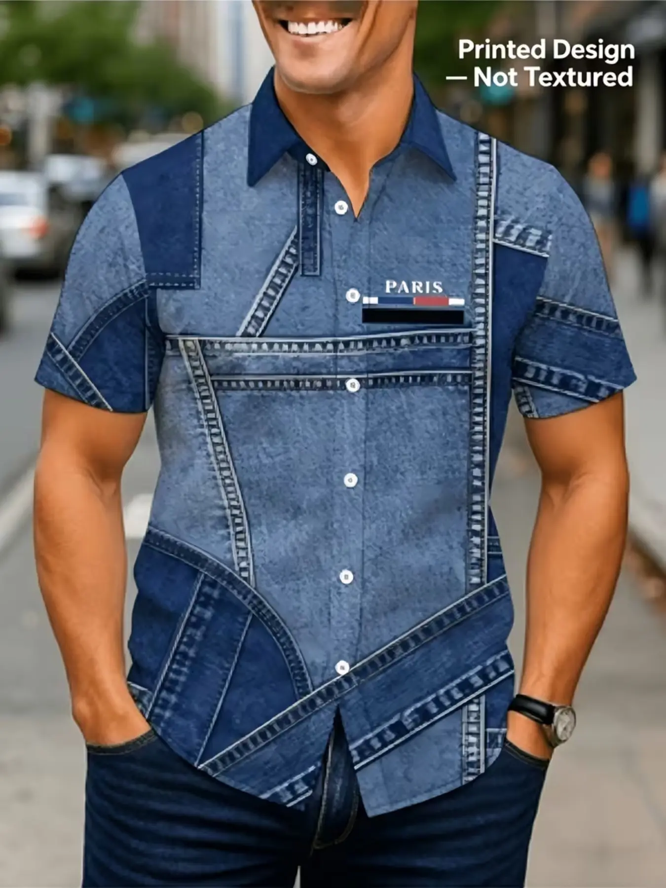Men's Short Sleeve Shirt with Denim Patchwork Print, Paris Letter Vintage Style, Loose Fit Casual Shirt for All Seasons